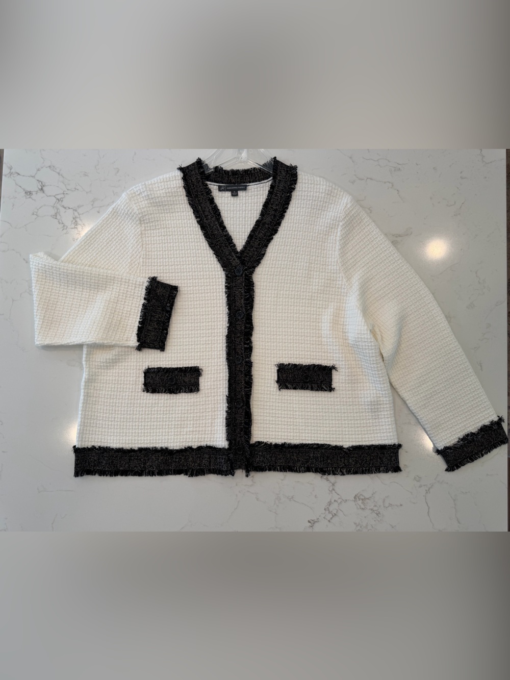 Adrianna Papell White Waffle Knit Cardigan with Black Fringe Trim